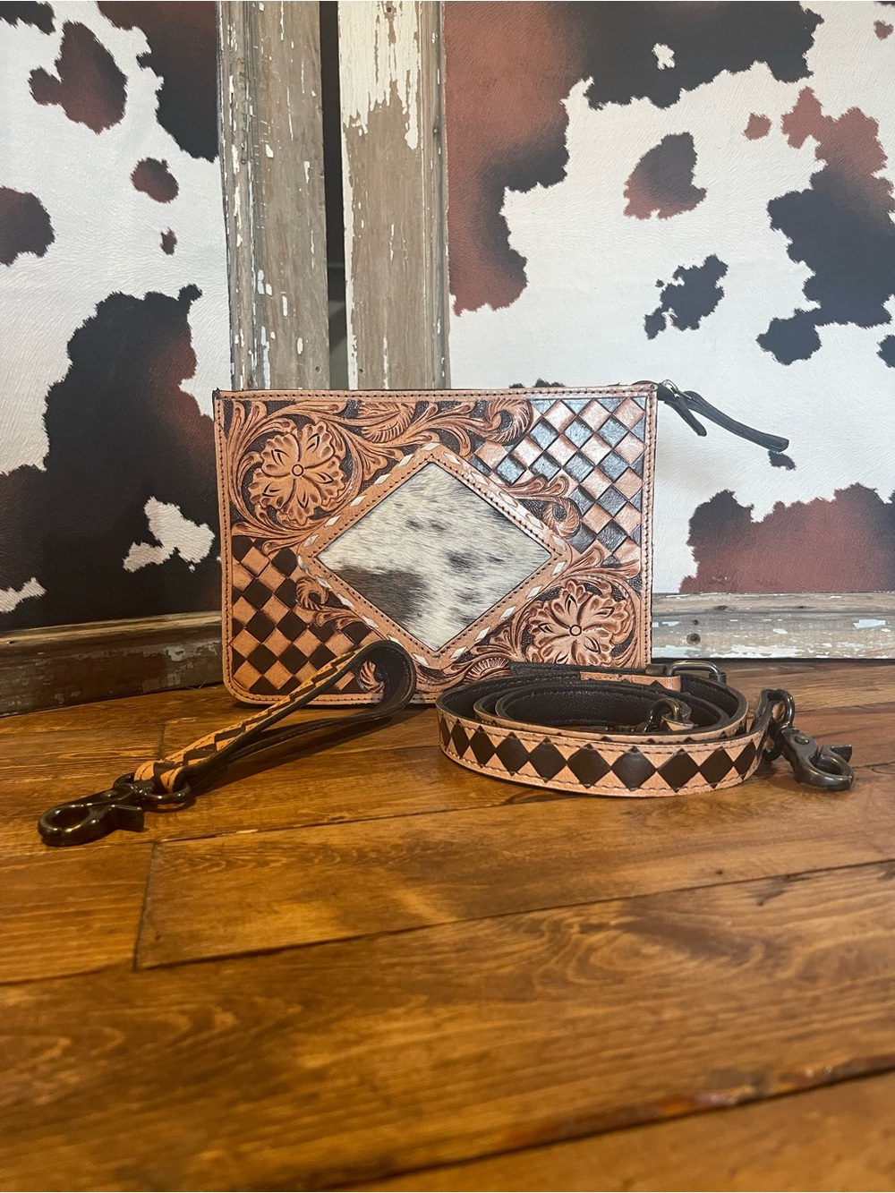 Tooled Leather Crossbody with Hair-on-Hide Diamond Accent - Brown & Black